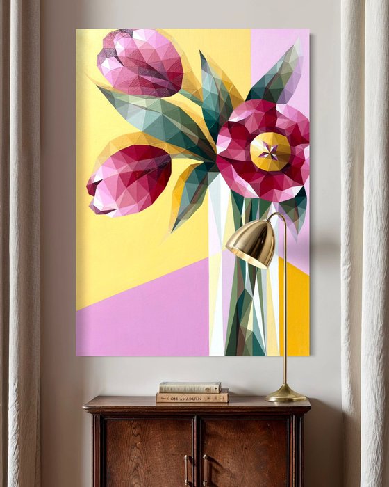 BOUQUET OF PINK TULIPS IN A VASE ON YELLOW