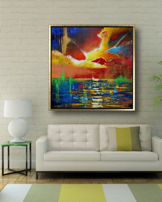 'RED SUNSET OVER THE SEA' - Large Square Acrylic Painting on Canvas