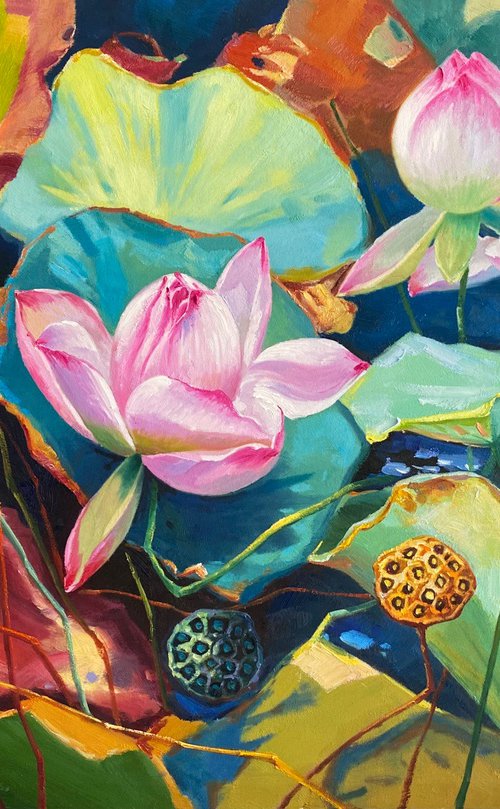 Still life oil painting:Lotus by Kunlong Wang
