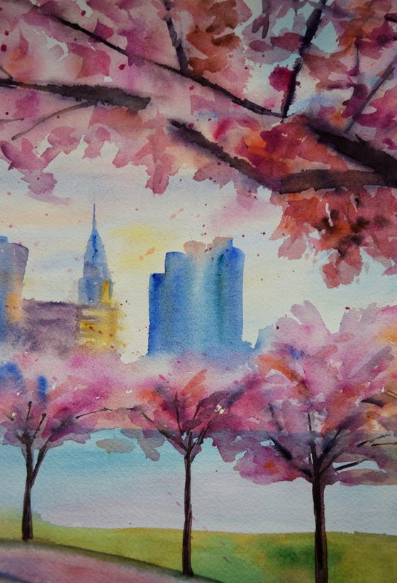 New York painting, Sakura flowers original watercolor painting, spring Manhattan