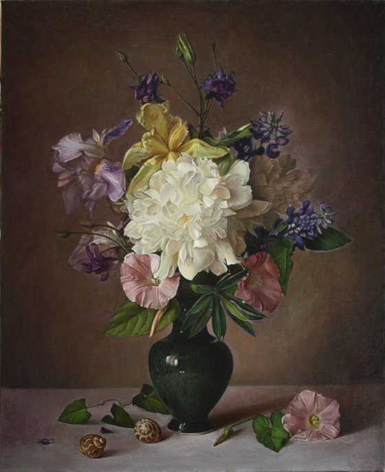Bouquet with peony, irises and bindweed