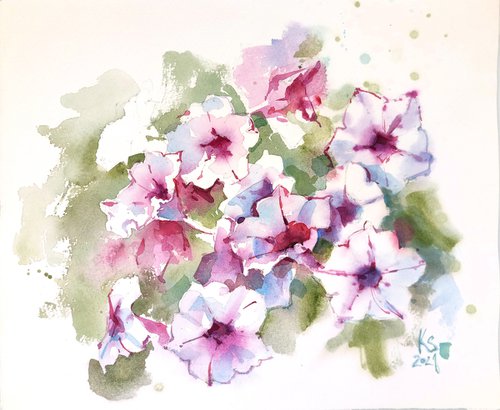 "Dance of summer flowers" original watercolor artwork in small format by Ksenia Selianko
