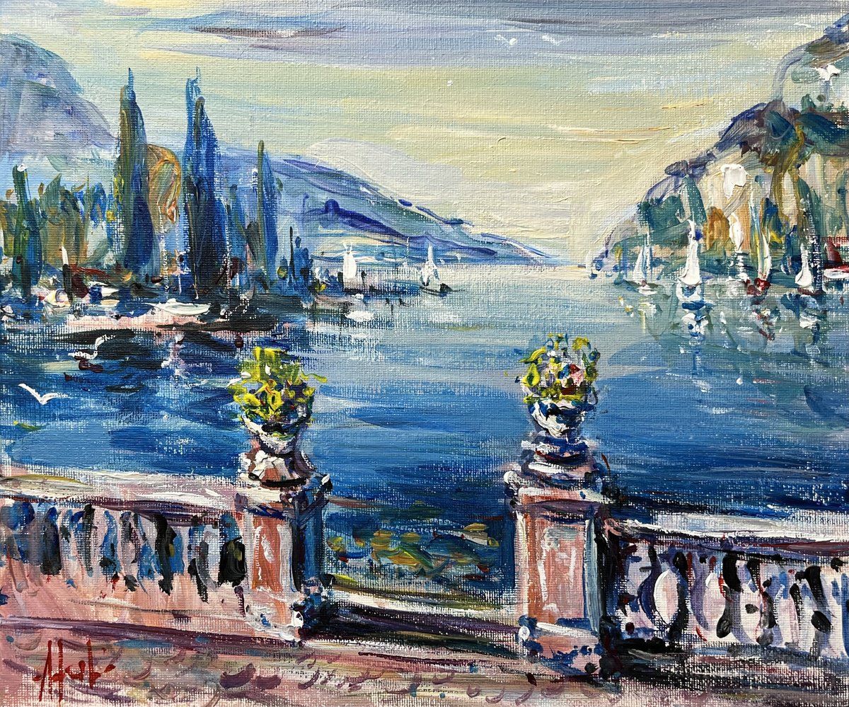 Impressionistic Landscape Acrylic Painting By Altin Furxhi, 12 X 10, Riva Del Garda Lake Balcony, Original Artwork