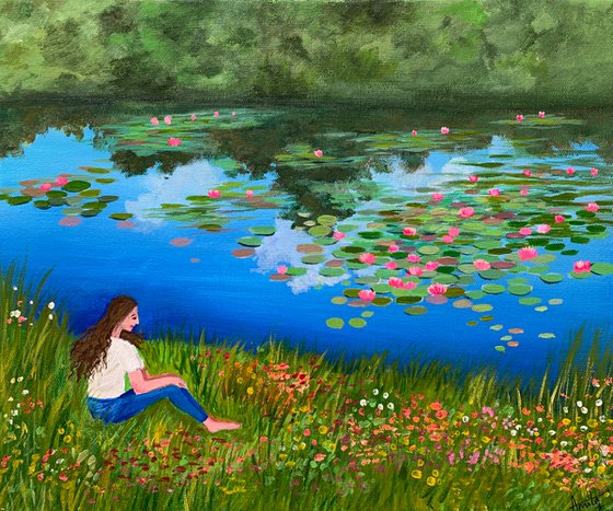 Girl by the pond !!  Ready to hang painting!! Floral landscape