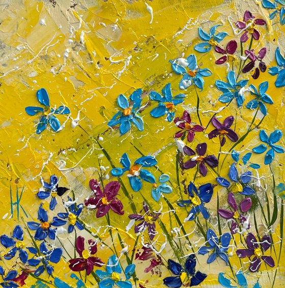 Forget Me Nots Painting Floral Original Art Flowers Oil Impasto Artwork 8 by 8" by Halyna Kirichenko