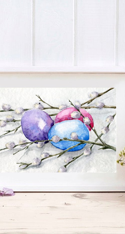 Easter. Spring still life with pussy willow branches and painted eggs. Original watercolor artwork. by Evgeniya Mokeeva