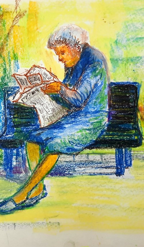Elderly lady reading newspaper in a park by Asha Shenoy
