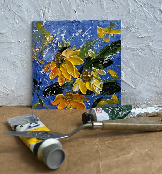 Rudbeckia Painting Floral Original Art Daisy Oil Impasto Artwork Flowers Home Wall Art 6 by 6" by Halyna Kirichenko