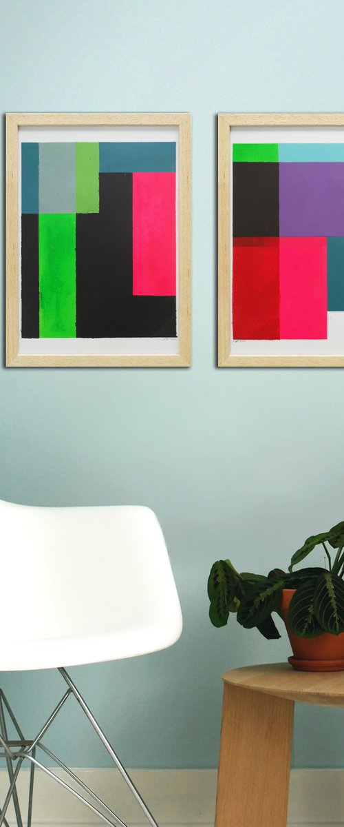 Diptych - Art on Paper - Incl Frame - Cubistic Modern Pink - 26A by Ronald Hunter