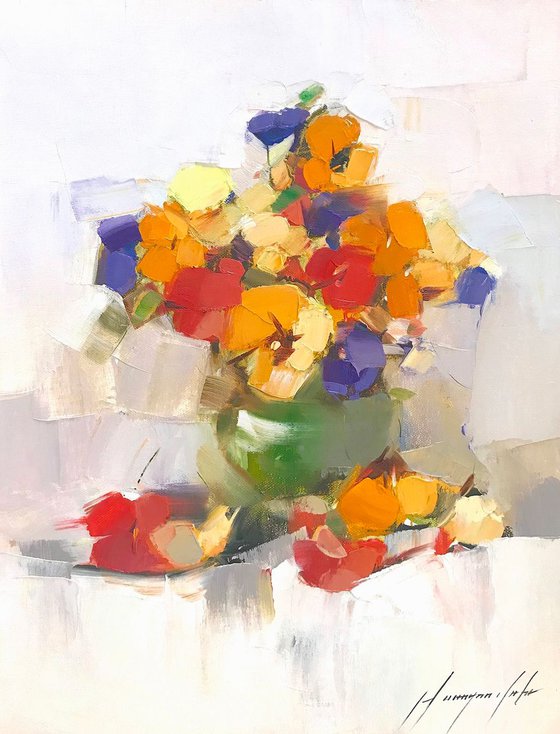 Pansies, Oil painting by Palette Knife, One of a kind, Handmade artwork