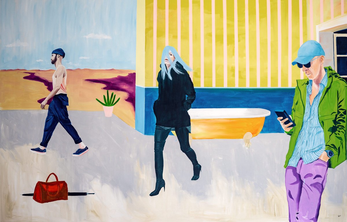 Urban And Pop Portrait Oil Painting By Kujbus Janos, 87 X 57", Waiting For The Next Trip 3., Original Artwork