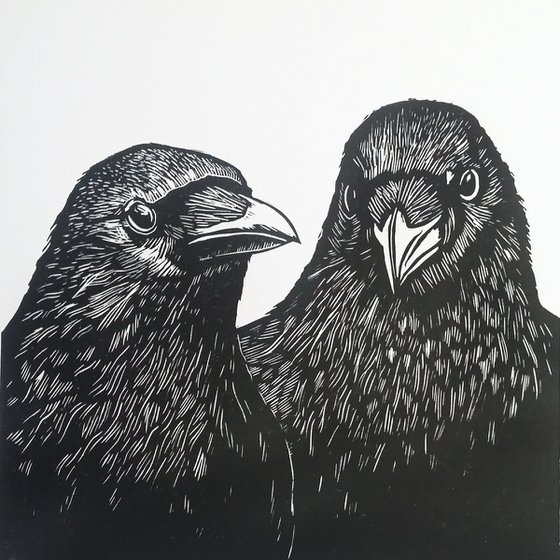 Watch the birdie (linocut print of two crows)