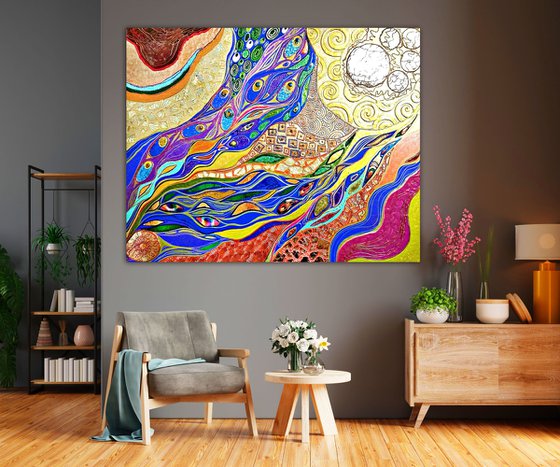 Large abstract painting - Green blue golden orange art