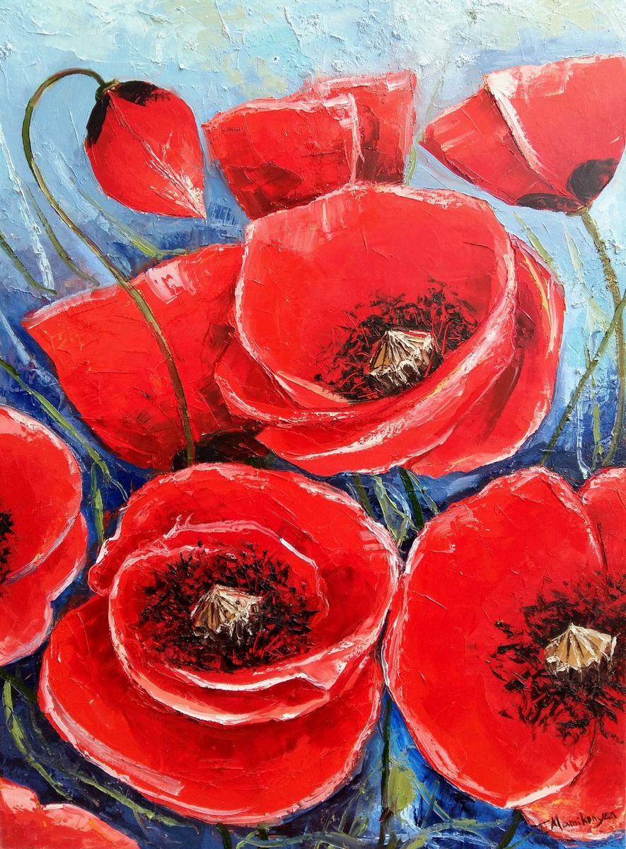 Impressionistic Botanical Oil Painting By Tigran Mamikonyan, 24 X 31", Poppies 60X80Cm, Original Artwork