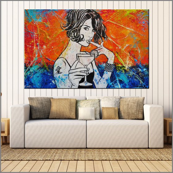 Orange Cocktails at Sunset 160cm x 100cm Orange Cocktail Girl Urban Pop Art