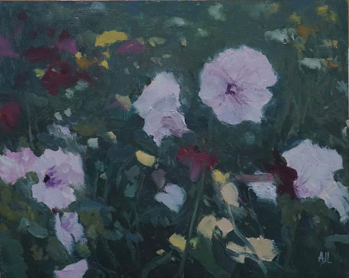 Impressionistic Botanical Oil Painting By Alex James Long, 12 X 9, Mallows At Dusk, Original Artwork