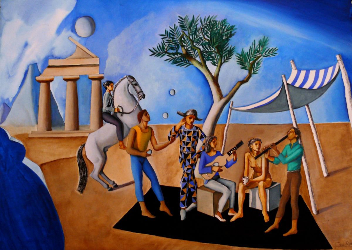 Acrobats And Musicians In Archaic Landscape by Paul Rossi