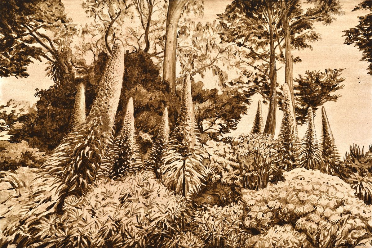 Photorealistic Botanical Acrylic Painting By Alex Nizovsky, 36 X 24, A Garden In Raw Umber, Original Artwork