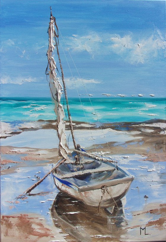 " BLUE BOAT ON LONELY BEACH "