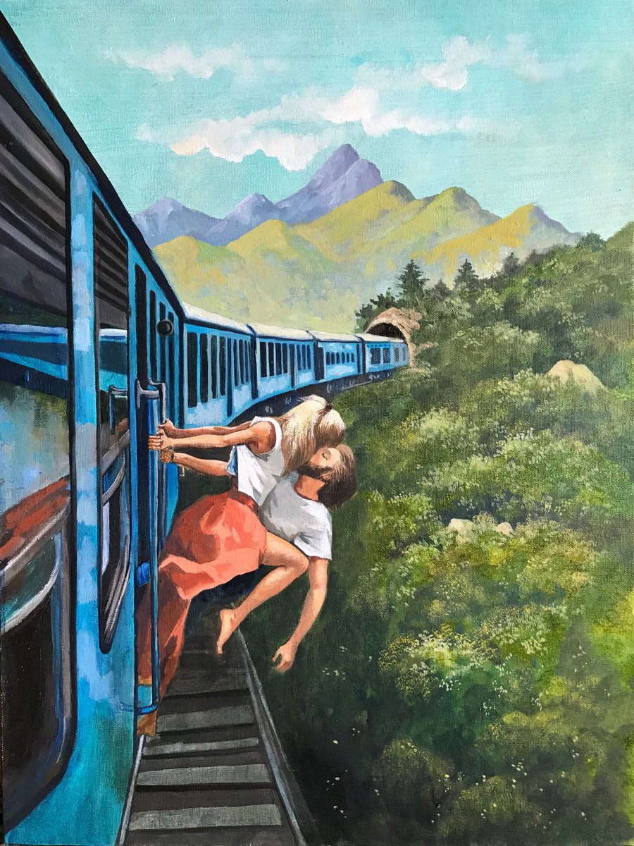 Original oil painting LOVE TRAIN - LOVE AND PASSION WITHOUT BORDERS 45x60 cm by Evgeniya Roslik