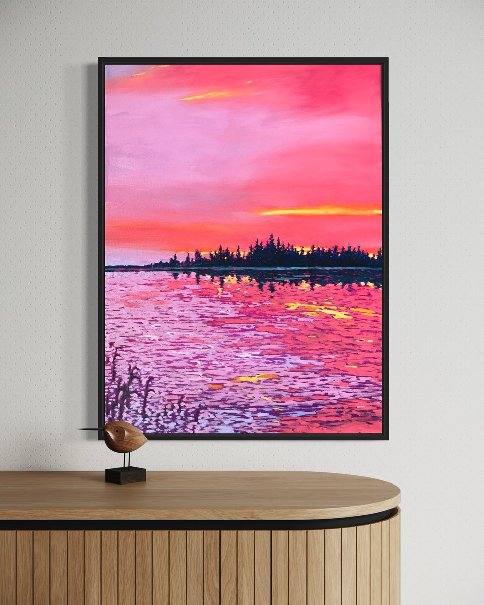 Impressionistic Landscape Oil Painting By Volodymyr Smoliak, 24 X 31", Calm. Pink Sunset, Original Artwork