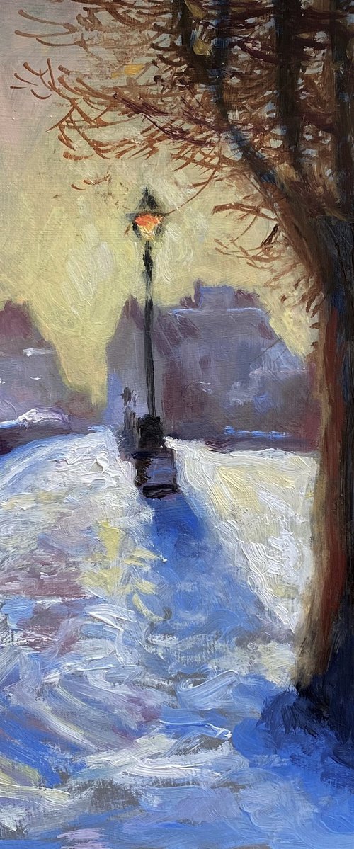 Village in the Winter Snow. by Jackie Smith