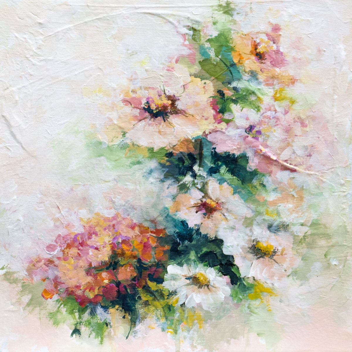 Impressionistic Botanical Acrylic Painting By Karen Hale, 12 X 12", Summer Hues, Original Artwork