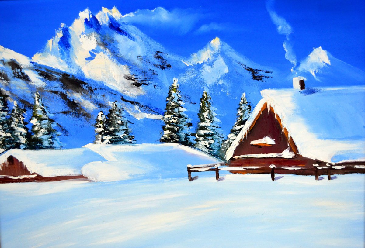 Expressive Landscape Oil Painting By Elena Lukina, 4 X 2, Snowy Chalet, Original Artwork