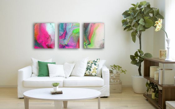 "Menage A Trois" - FREE USA SHIPPING - Original Triptych, Abstract PMS Acrylic Paintings Series - 48" x 20"