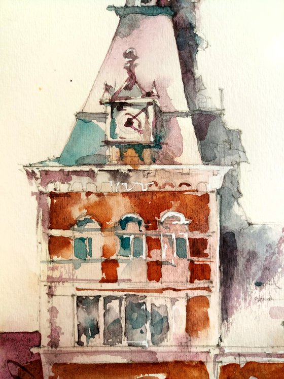 "Rijksmuseum Building. Amsterdam Netherlands" architectural landscape - Original watercolor painting