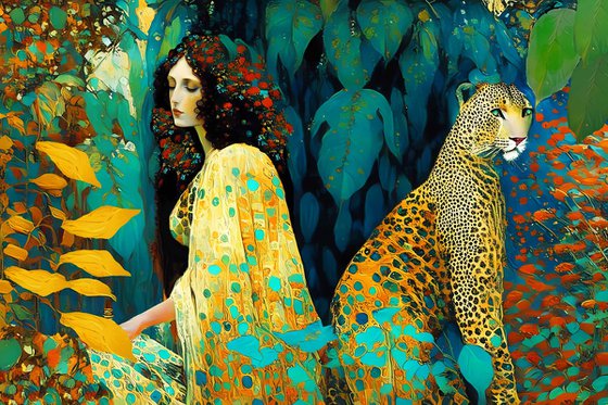 Woman and leopard in the jungle. Large female portrait wall home decor. Art Gift