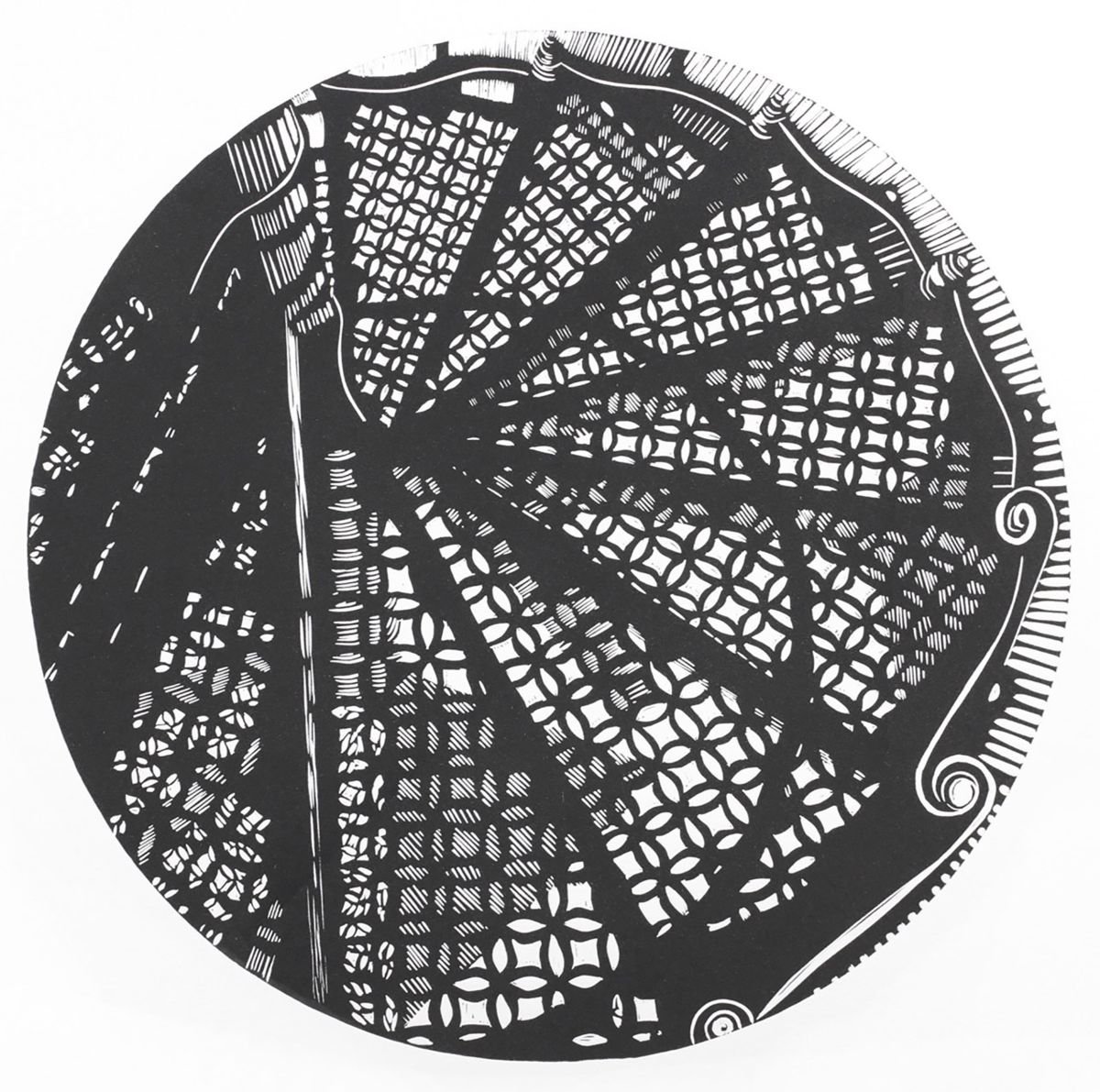 Expressive Cityscapes Linocut By Helen Boden, 15 X 15, The Iron Staircase, Original Artwork