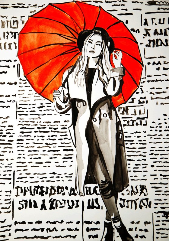 Girl with umbrella / 42 x 29.7 cm