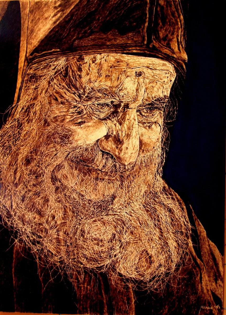 Expressive Portrait Painting By Milis Pyrography, 20 X 28", A Benevolent Smile, Original Artwork