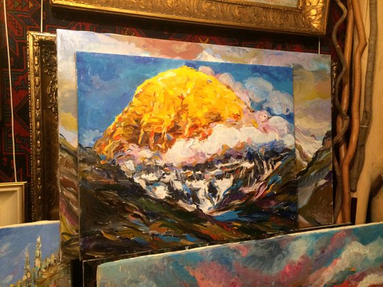 HIMALAYAS.  KAILASH MOUNT - landscape art, mountainscape, mountain, yellow sunset over the mountains 72x91