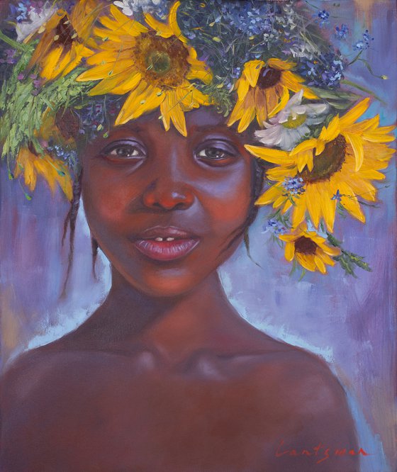 African american girl with flowers portrait