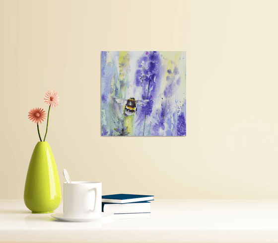 Bumblebee on lavender, an original watercolour painting, framed bee painting, ready to hang