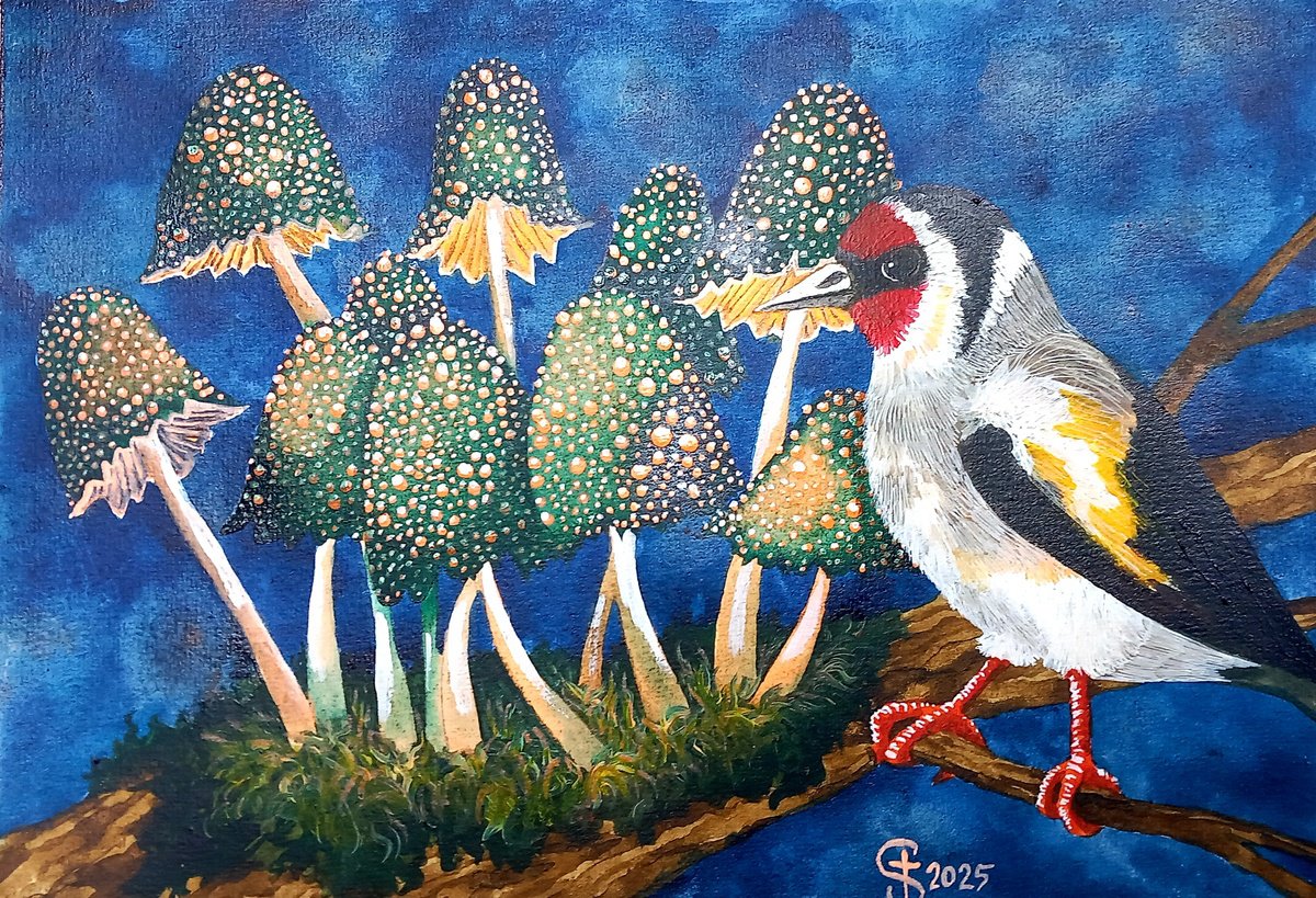 Illustrative Animal Painting By Terri Smith, 16 X 12", Goldfinch With Mushrooms, Original Artwork