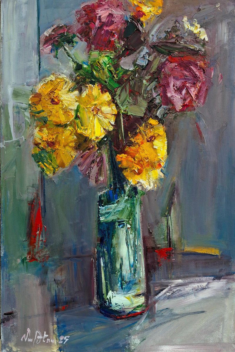 Abstract Botanical Oil Painting By Matevos Sargsyan, 13 X 20", Flowers In A Glass Vase, Original Artwork