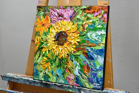 Sunflower in the garden - Original Floral Painting on Canvas, Palette Knife Art, Textured Impasto Artwork