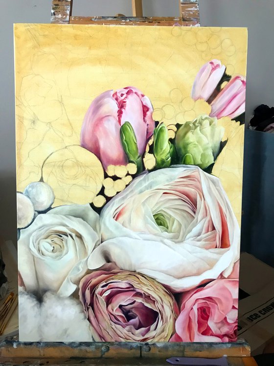 Elegant oil painting with flowers 50 * 70 cm