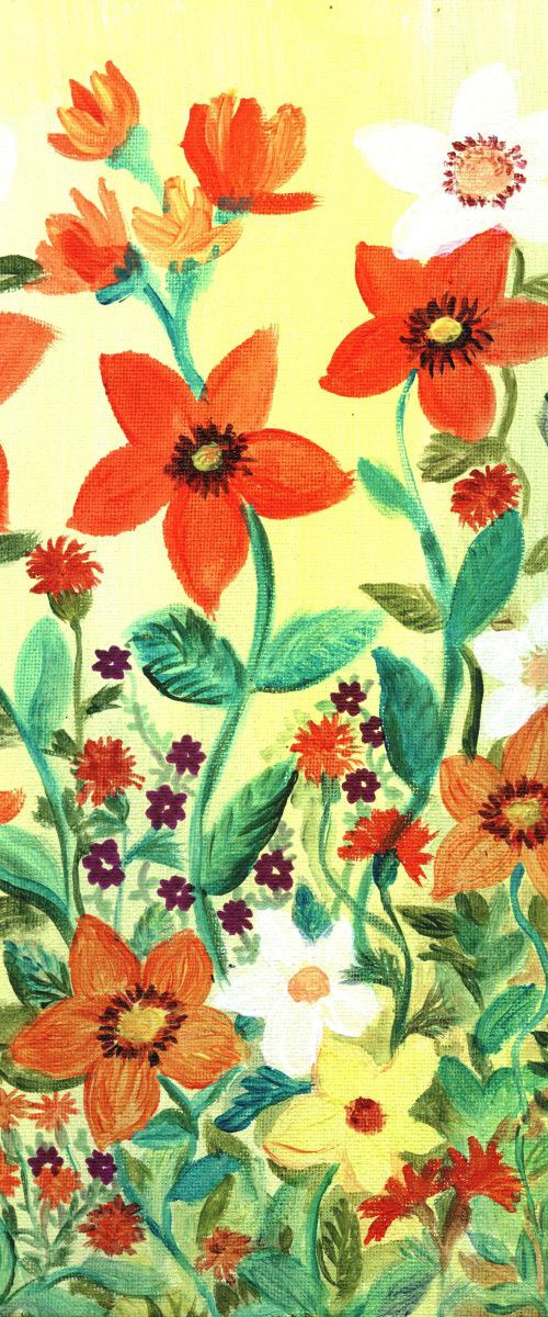 yellow days stylised flowers in orange and purple. by Sandra Fisher