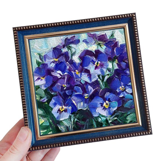 Small oil painting original blue flower painting 5x5, Pansy picture frame floral artwork