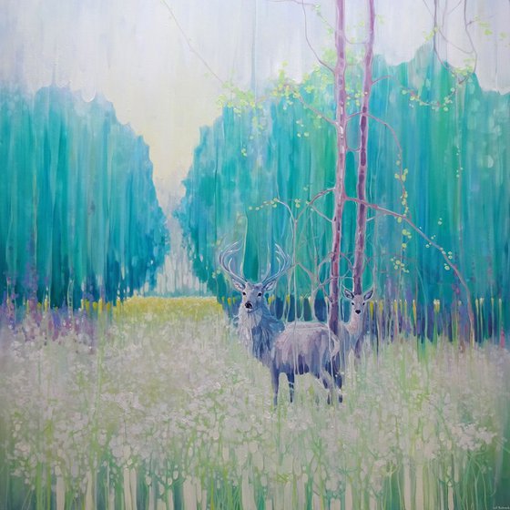 Monarchs of Spring - a large oil painting of a green spring meadow with deer