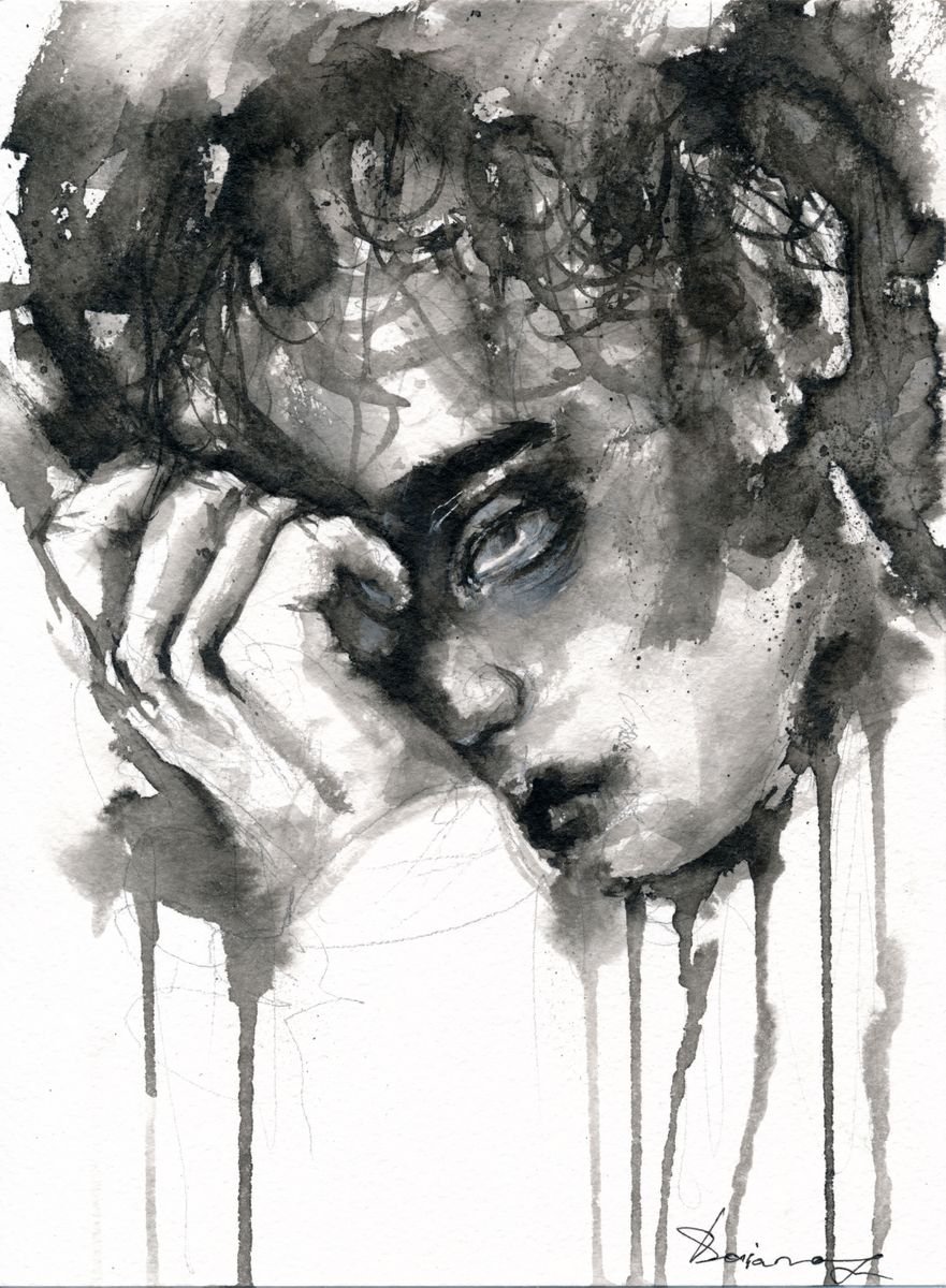 Expressive Portrait Ink Drawing By Doriana Popa, 7 X 9, Weak, Original Artwork