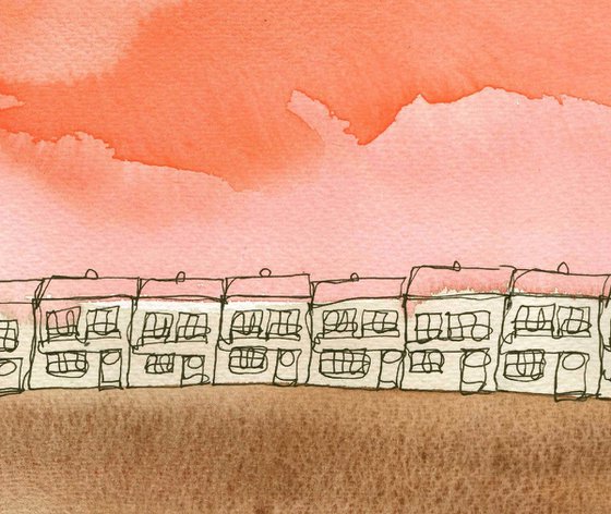 Terraced houses with peachy orange and brown washes. Continuous Line Artwork