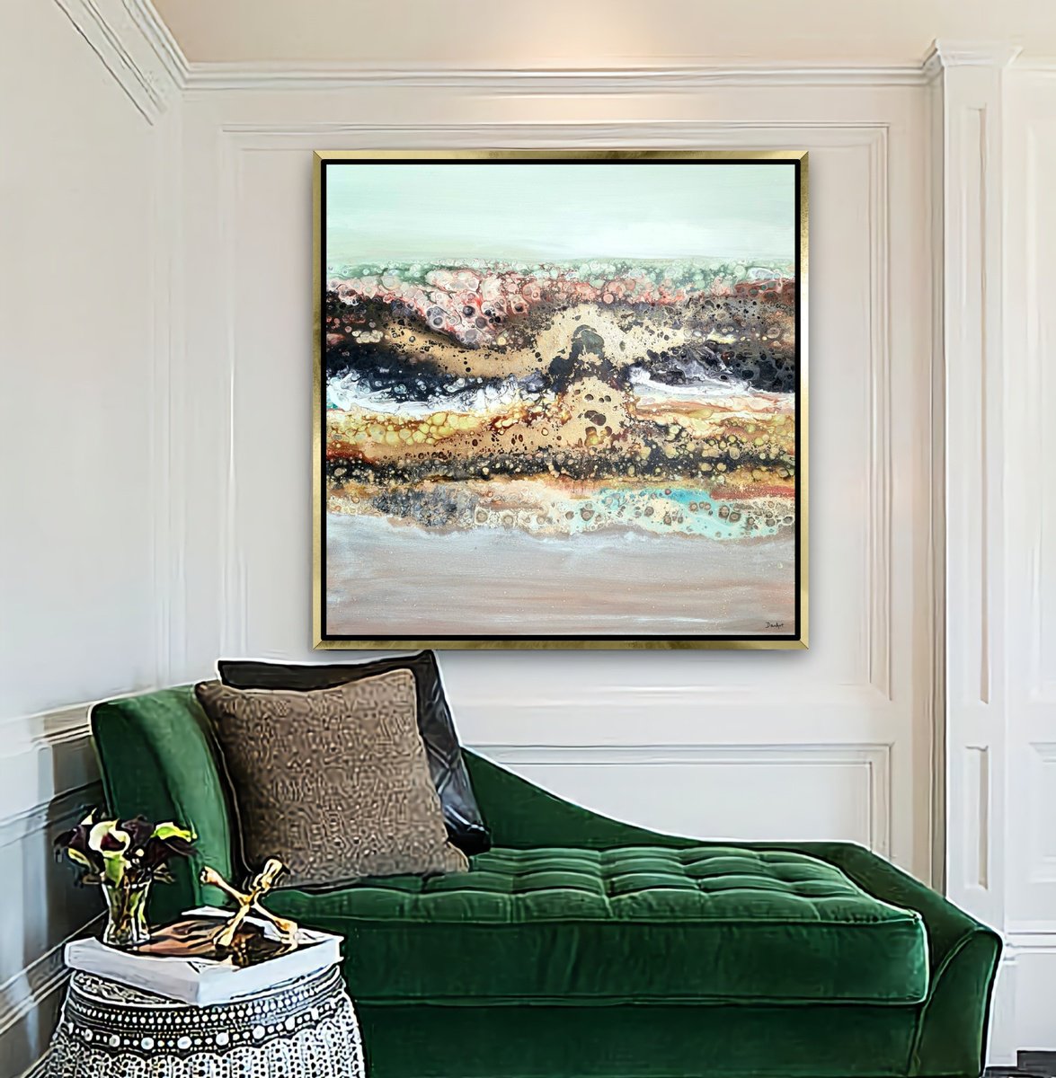 Organic Abstract Acrylic Painting By Eleni Denart, 36 X 36, Mint Sky, Original Artwork