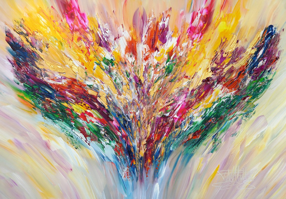 Abstract Acrylic Painting By Peter Nottrott, 39 X 28", Positive Energy Gold S 2, Original Artwork