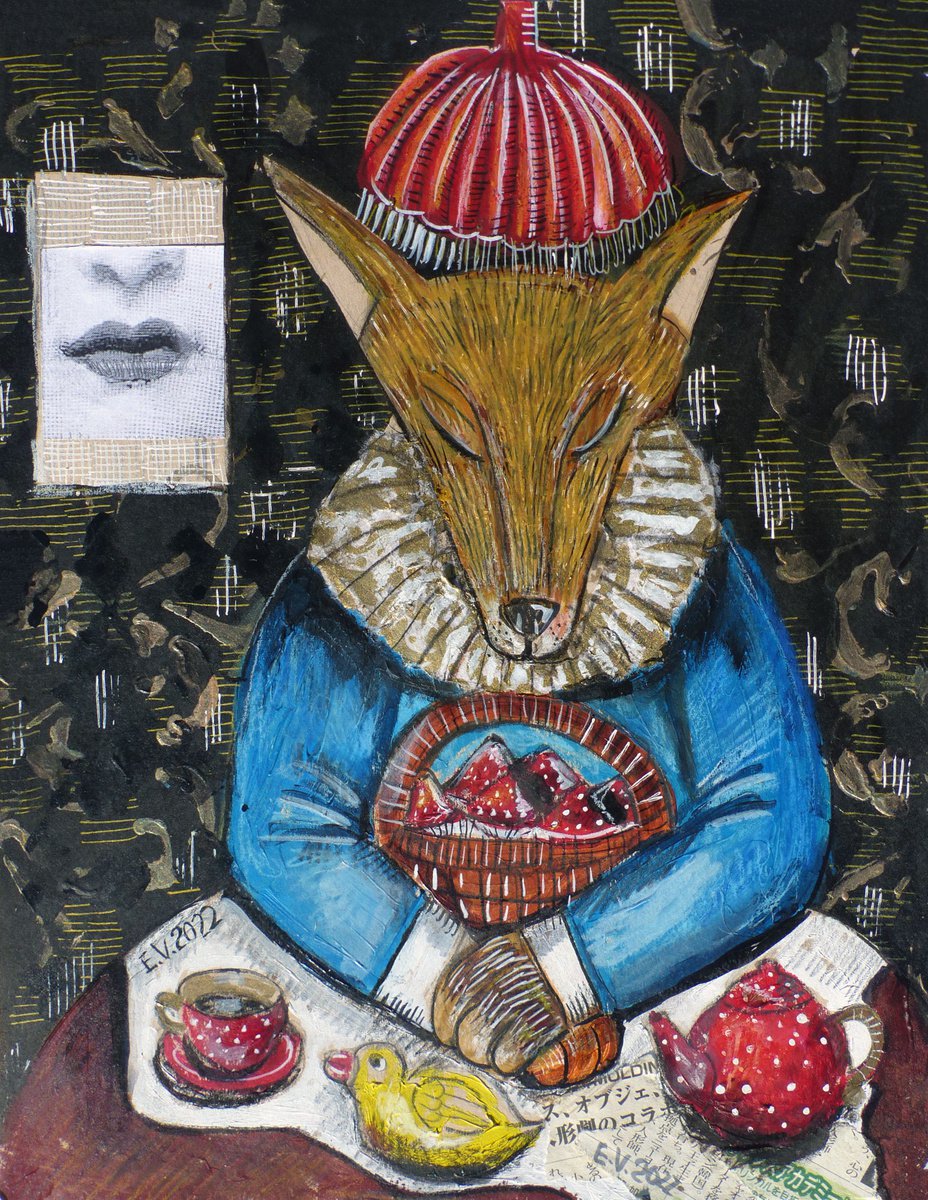 Naive Animal Painting By Elizabeth Vlasova, 11 X 14, Pensive Fox, Original Artwork