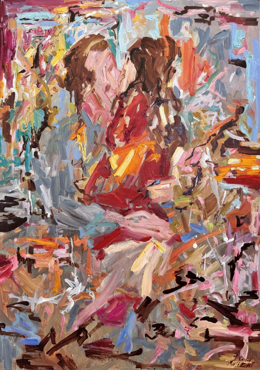 Abstract Oil Painting By Diana Malivani, 20 X 28, Un Baiser, Original Artwork